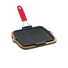 Μαντέμι Σερβιρίσματος Τηγάνι με ραβδώσεις 24x24x1.2cm, με χερούλι σιλικόνης, με βάση ξύλου T15.K4