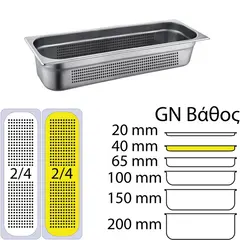 Δοχείο γαστρονομίας ανοξείδωτο 18/10 με διάτρητο πάτο, GN2/4 (53x16cm)-4cm. FUECO P-2/4-4