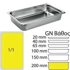 Δοχείο Γαστρονομίας ΙΝΟΧ (NF Standard), GN1/1 (325 x 530mm) - ύψος 200mm (28Lt), Matfer. MF.741020
