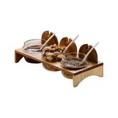 Ξύλινος δίσκος με 3 μπωλ μαρμελάδας, 29.5x12.5x5cm, Leone S5031