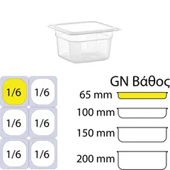 Δοχείο Τροφίμων PP, χωρίς καπάκι, GN1/6 (162 x 176mm) - ύψος 65mm PP-GN1/6-65MM