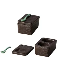 Σετ αλατοπίπερο πορσελάνης με κουτάλι, 9.5x7xΥ5.522cm, Σειρά Oyster, μαύρο, Q AUTHENTIC (Τιμή για 4 τεμάχια) QR17250