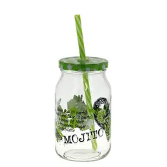 Δοχείο Γυάλινο 400 ml, σχέδιο Mojito, με καπάκι και καλαμάκι, Cerve Italy (τιμή για 6 τεμάχια) M68170