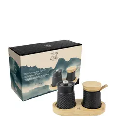 Σετ Μύλος Αλατιού & Πιπεριού με δίσκο, Μαντέμι, ύψος 8cm, σειρά Bali Fonte, Μαύρος, Peugeot PG.39967