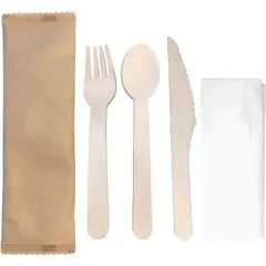 Οικολογικό Κουβέρ, Ξύλινο Πηρούνι & Κουτάλι 16cm + Μαχαίρι 16.5cm, με χαρτοπετσέτα σε φάκελο (τιμή για 100 τεμάχια) QV-2453B