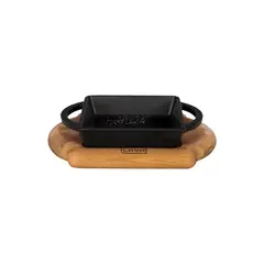 Cast iron σαγάνι σερβιρίσματος, μαύρο με ξύλινη βάση, τετράγωνο 12x12cm(18mm), σμάλτο στρώσεως, 1 ψήσιμο, 1.1kg, LAVA LV.ECO.P.TV.1212 K