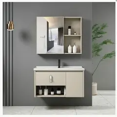 Z.ΕΝ101,2 IDEA-2 Set Έπιπλο Κρεμαστό Μπάνιου Cream, Καθρέπτης + Πάγκος με Νιπτήρα και Μπαταρία Up:55x11x60cm Down:60x47x45cm