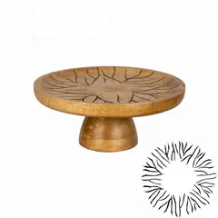 Ξύλινη τουρτιέρα με πόδι, φ30xΥ12.5cm, Mango σε φυσική απόχρωση, σκαλιστό σχέδιο μαύρο antique WD-6670-S
