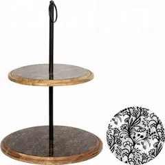 Ξύλινη τουρτιέρα 2 επιπέδων, φ30xΥ50cm, Ακακία σε απόχρωση καρυδιάς, με μαύρο τυπωμένο σχέδιο WD-6640