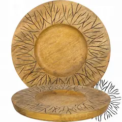 Ξύλινο gourmet πιάτο, φ35xΥ2.5cm, Mango σε φυσική απόχρωση, σκαλιστό σχέδιο μαύρο antique WD-6668-L