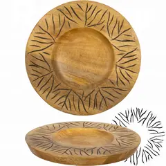Ξύλινο gourmet πιάτο, φ30xΥ2.5cm, Mango σε φυσική απόχρωση, σκαλιστό σχέδιο μαύρο antique  (τιμή για 2 τεμάχια) WD-6668-M