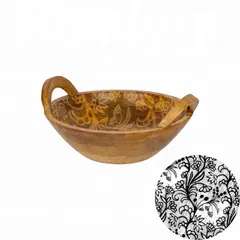 Ξύλινο μπωλ με χερούλια, φ25xΥ11.4cm, Mango σε φυσική απόχρωση, με μαύρο τυπωμένο σχέδιο WD-6737-S
