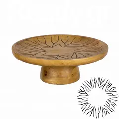 Ξύλινη τουρτιέρα με πόδι, φ35xΥ12.5cm, Mango σε φυσική απόχρωση, σκαλιστό σχέδιο μαύρο antique WD-6670-L