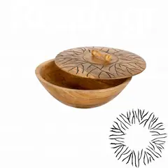 Ξύλινη μπωλ με καπάκι, φ25xΥ12.5cm, Mango σε φυσική απόχρωση, σκαλιστό σχέδιο μαύρο antique WD-6790-S