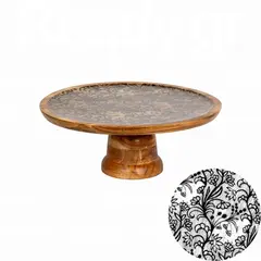 Ξύλινη τουρτιέρα με πόδι, φ32.5xΥ12.5cm, Ακακία σε φυσική απόχρωση, με μαύρο τυπωμένο σχέδιο WD-6600