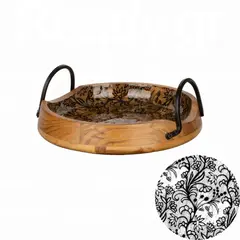 Ξύλινος δίσκος με χερούλια, φ30xΥ12.5cm, Ακακία σε φυσική απόχρωση, με μαύρο τυπωμένο σχέδιο WD-6598-M