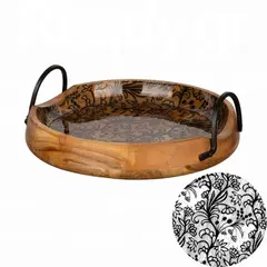 Ξύλινος δίσκος με χερούλια, φ35xΥ12.5cm, Ακακία σε φυσική απόχρωση, με μαύρο τυπωμένο σχέδιο WD-6598-L