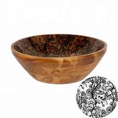 Ξύλινο μπωλ, φ35xΥ11.4cm, Ακακία σε φυσική απόχρωση, με μαύρο τυπωμένο σχέδιο WD-6601-L