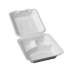 Σκεύος Clamshell φαγητού, από ζαχαροκάλαμο, 3 θέσεων, 20x20cm (τιμή για 125 τεμάχια) FIBER-CS-3P-20X20