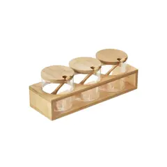 Βάση Ξύλινη απο Bamboo, με 3 Γυάλινα Βάζα με Ξύλινο Καπάκι, Χρώμα Φυσικό, 28x9.3xΥ10cm, Leone T3032