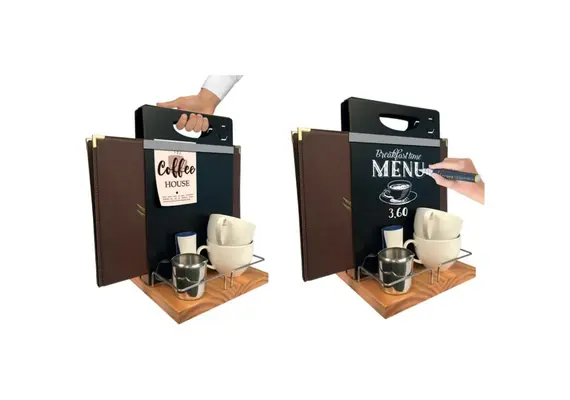 Βάση ξύλινη για καταλόγους MENU, λαδόξυδα και αλατοπίπερα, 22x20cm, με μαυροπίνακα και μαρκαδόρο. 30655/ CAD